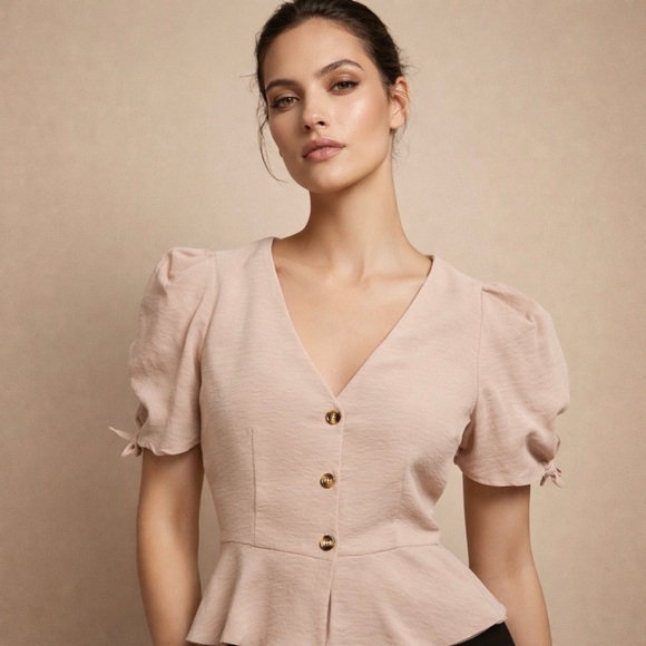 Topshop Tops - Topshop Blush Peplum Button-Down Puff Sleeve Blouse US 6